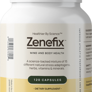 Supplement bottle for Zenefix, a natural nutritional supplement for stress, anxiousness, mood, sleep as well as athletic performance: strength, endurance and recovery. Zenefix consists of vitamins, minerals and herbs.