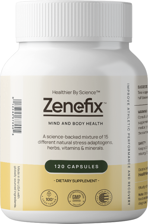 Supplement bottle for Zenefix, a natural nutritional supplement for stress, anxiousness, mood, sleep as well as athletic performance: strength, endurance and recovery. Zenefix consists of vitamins, minerals and herbs.